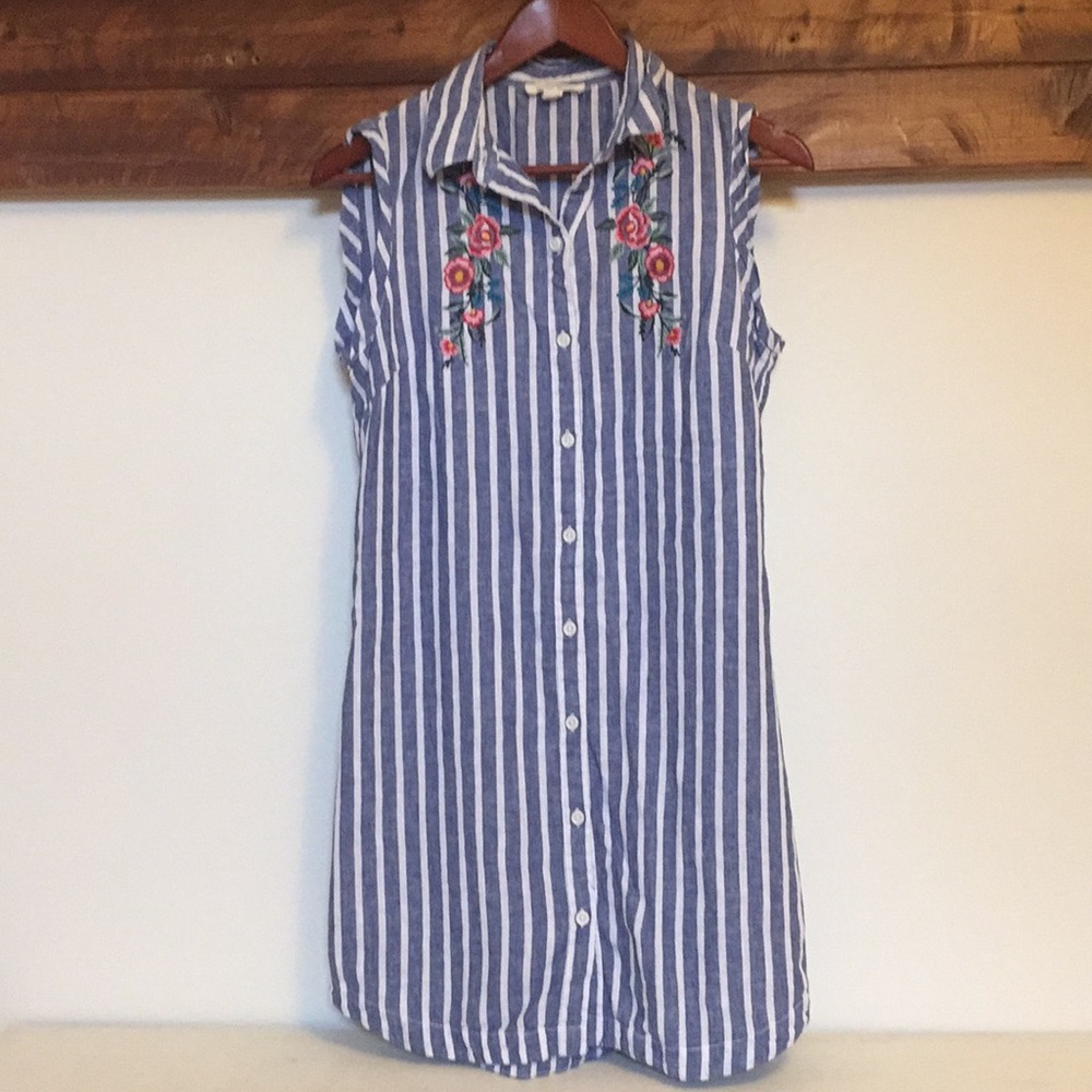 Striped chambray shirt dress with flower detail